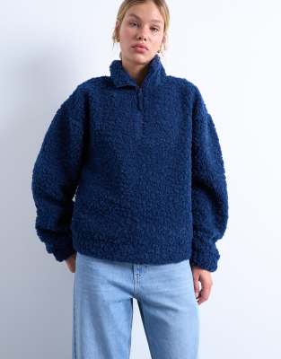 Topshop Borg Quarter Zip Top In Blue