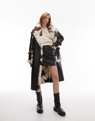 Topshop Borg Reversible Belted Coat In Animal Print-brown