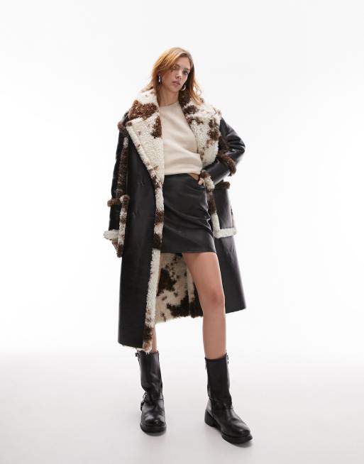 Topshop borg reversible belted coat in animal print