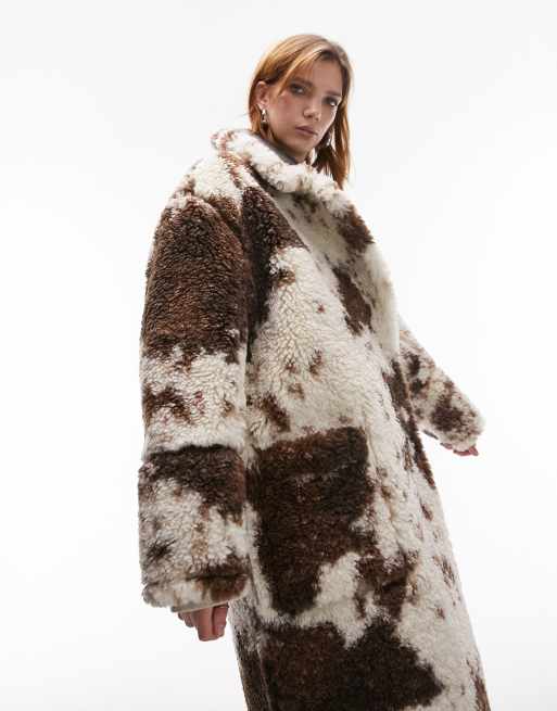 Topshop borg reversible belted coat in animal print