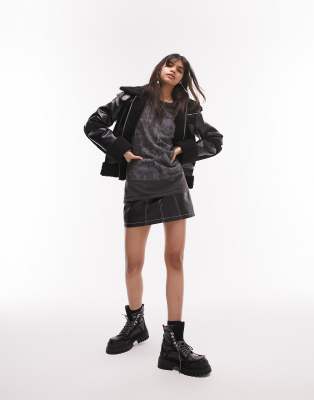 Topshop borg seam cropped faux shearling aviator biker jacket in black