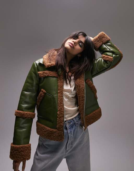 Topshop borg seam cropped faux shearling aviator biker jacket in green