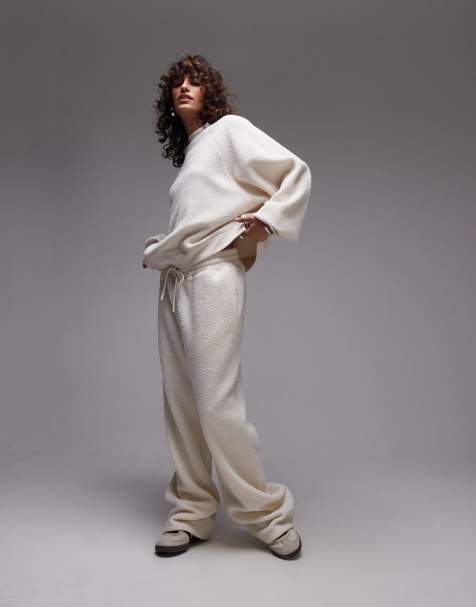 Topshop borg wide leg pants in ecru (part of a set) - view 1