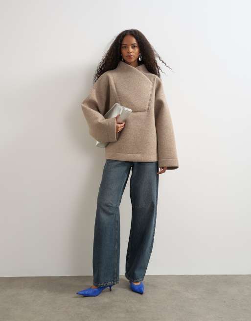 Topshop borg wrap neck sweat in oat, 2 of 4