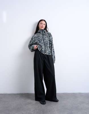Topshop Borg Zebra Print Zip Through Fleece In Black