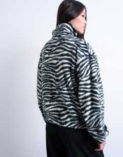 Model wearing Borg zebra print zip through fleece in monochrome