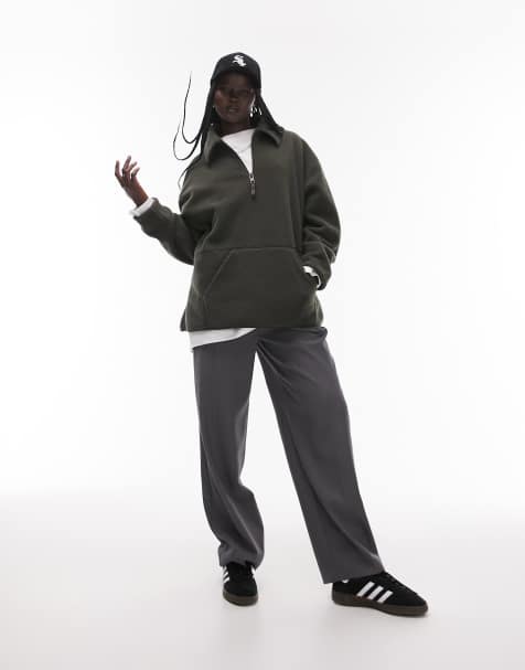 Topshop borg zip collar fleece sweat in dark olive - view 1