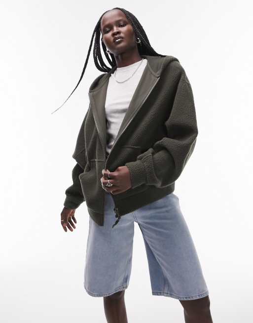 Topshop borg zip through cropped fleece hoodie in dark olive ASOS