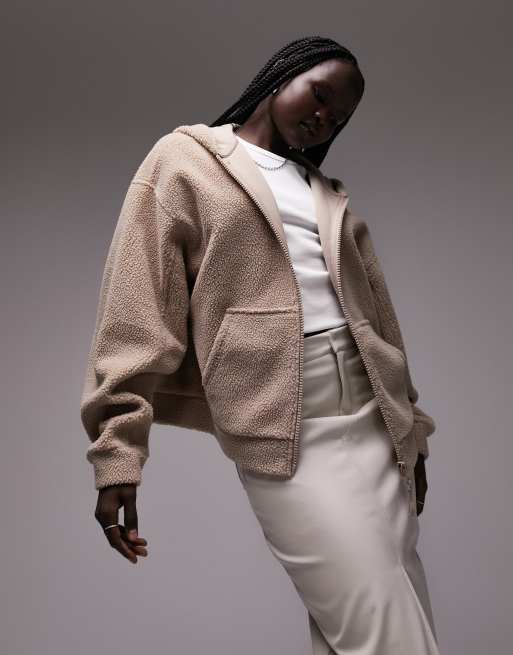 Topshop borg zip through fleece hoodie in neutral, 2 of 4