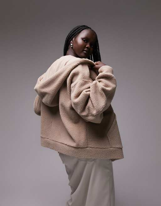 Topshop borg zip through fleece hoodie in neutral, 4 of 4