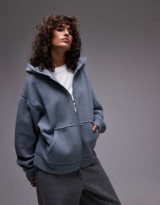 borg zip through fleece hoodie in pale blue