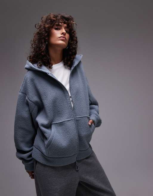 Topshop borg zip through fleece hoodie in pale blue