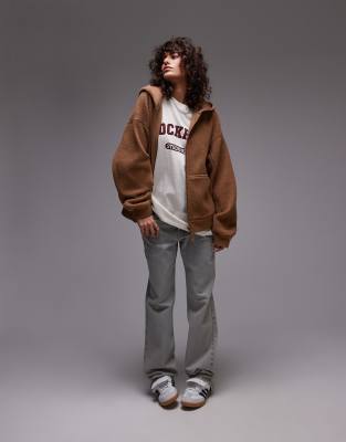 borg zip through fleece hoodie in toffee-Brown