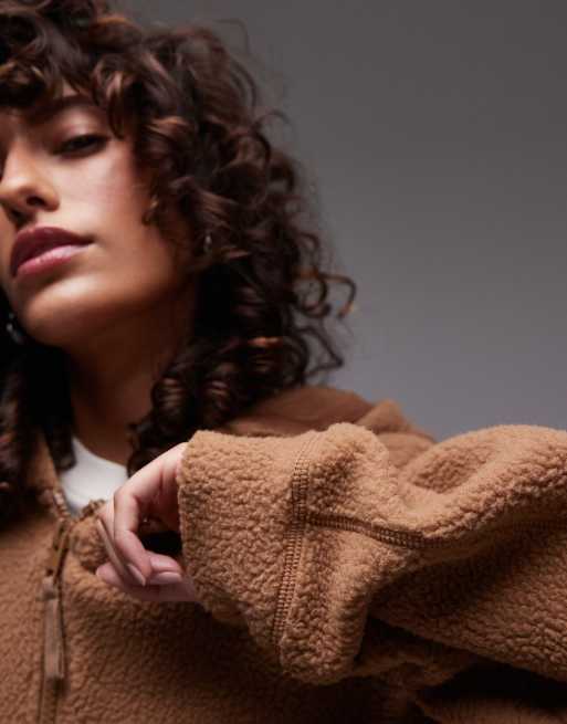 Topshop borg zip through fleece hoodie in toffee, 3 of 4