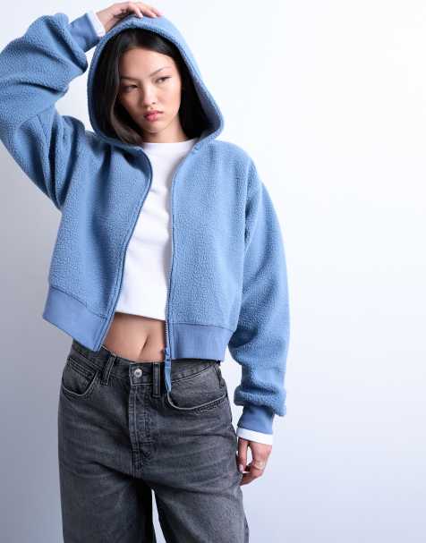 Topshop borg zip through hoodie in blue - view 1