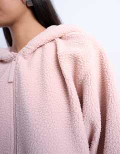 Model wearing Borg zip through hoodie in pink