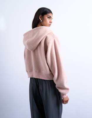 Topshop Borg Zip Up Hoodie In Pink