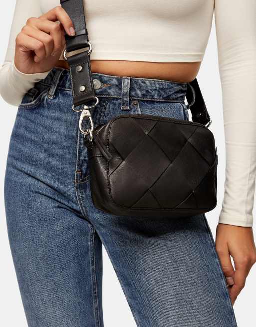 Topshop - Borsa a tracolla intrecciata in pelle nera