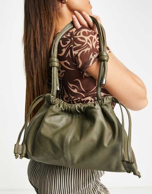 Topshop - Borsa da spalla arricciata in pelle color oliva 