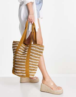 Borsa shopping a righe con dettaglio in tessuto-Neutro - Topshop Portafoglio donna Neutro