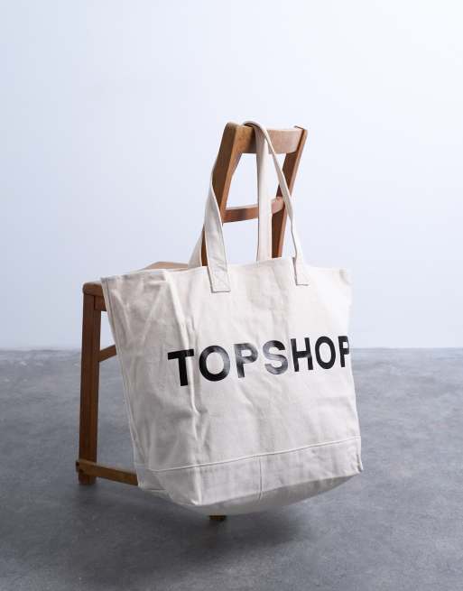 Topshop - Borsa shopping grande in tela bianca, 3 di 4