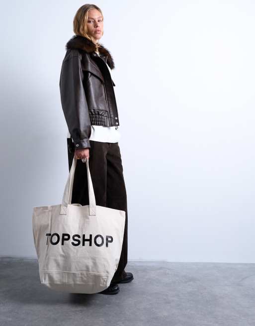 Topshop - Borsa shopping grande in tela bianca, 4 di 4