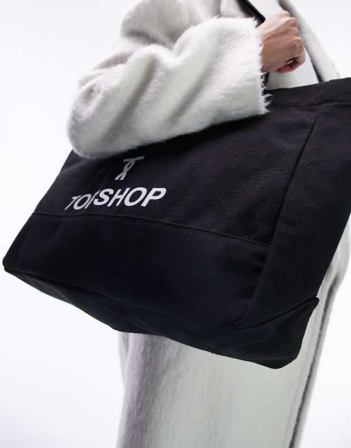 Topshop - Borsa shopping in tela nera con logo