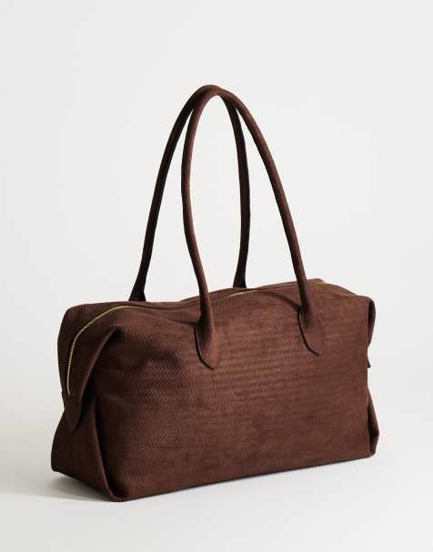 Topshop borsa weekend grande Tabby in suedette intrecciata color cioccolato - view 1