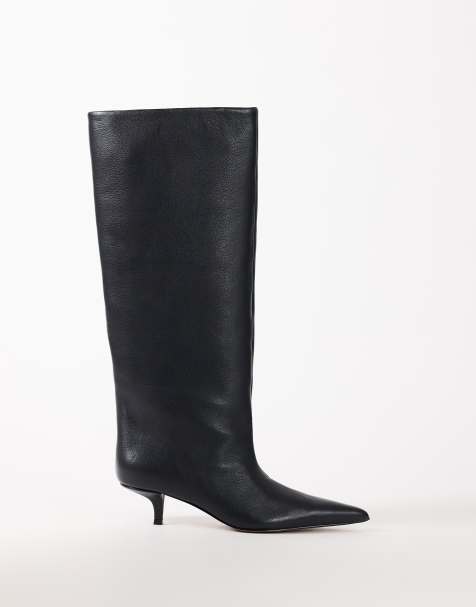 Topshop - botas hasta la rodilla de piel auténtica Tina con tacón bajo en negro - view 1