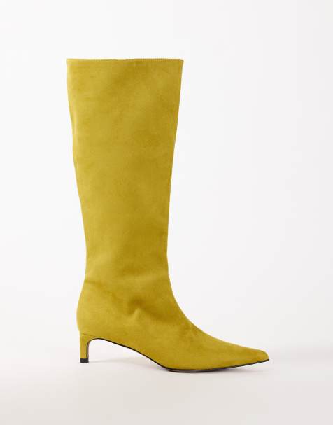 Topshop bottes montantes au genou à petit talon Troy en daim synthétique olive - view 1