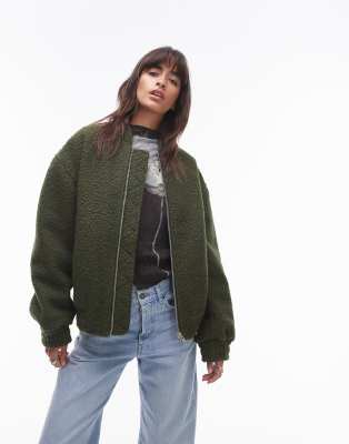 Topshop - Bouclé-Bomberjacke in Khaki-Grün