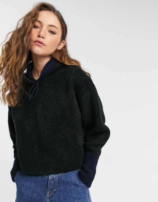 Topshop boucle knit hoodie in black