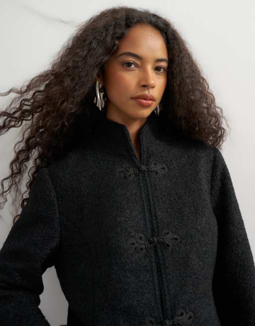 Topshop bouclé kort mandarin-jakke med snorelukning i sort, 3 af 4
