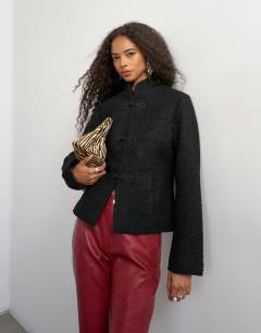 Boucle short mandarin jacket with frogging in black