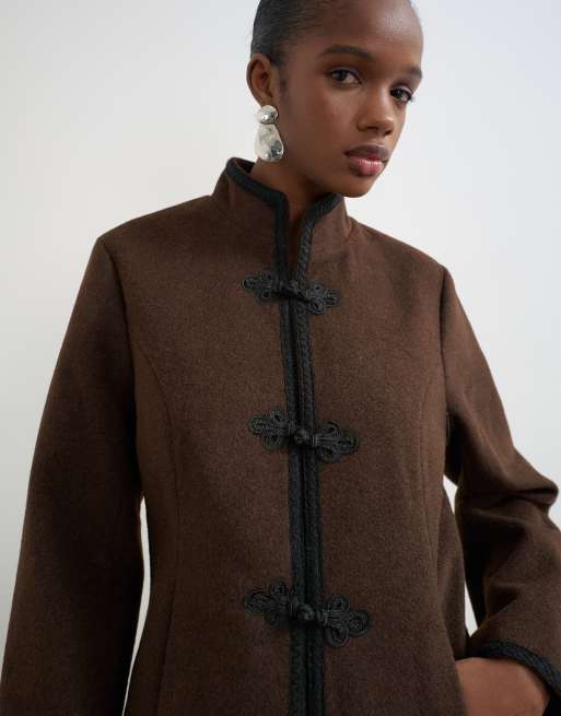 Topshop boucle short mandarin jacket with frogging in chocolate, 2 of 4