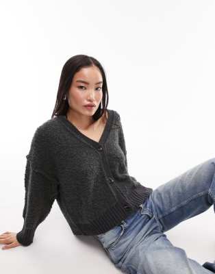 Topshop - Bouclé-Strickjacke in Anthrazit mit kontrastierender Rippenstruktur-Grau