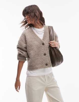 Topshop - Bouclé-Strickjacke in Braun mit V-Ausschnitt und Oversize-Schnitt-Brown