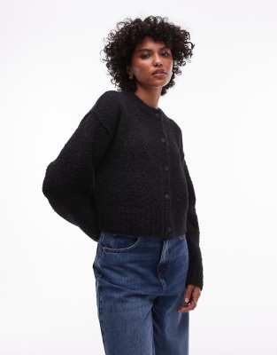 Topshop - Bouclé-Strickjacke in Schwarz mit Rundhalsausschnitt