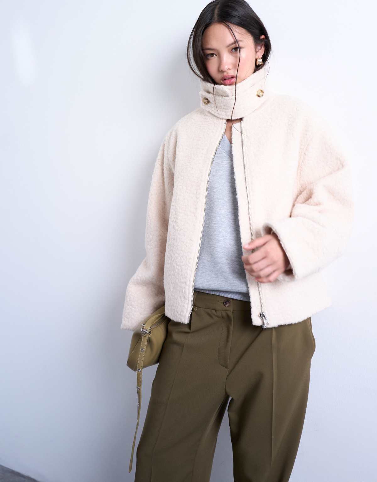 Topshop boucle tab detail bomber in cream