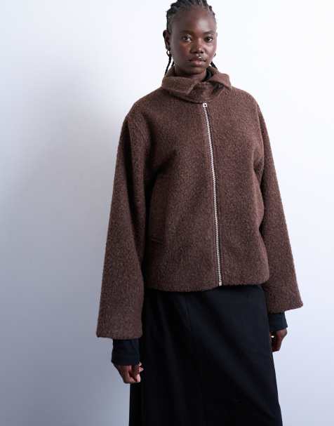 Topshop boucle tab detail bomber jacket in chocolate - view 1