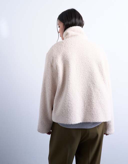 Topshop boucle tab detail bomber jacket in cream, 3 of 4