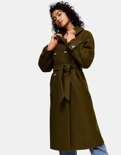 Topshop boucle trench coat in khaki