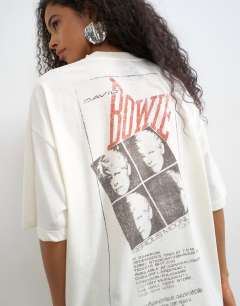 Model wearing Bowie graphic oversized t-shirt in white