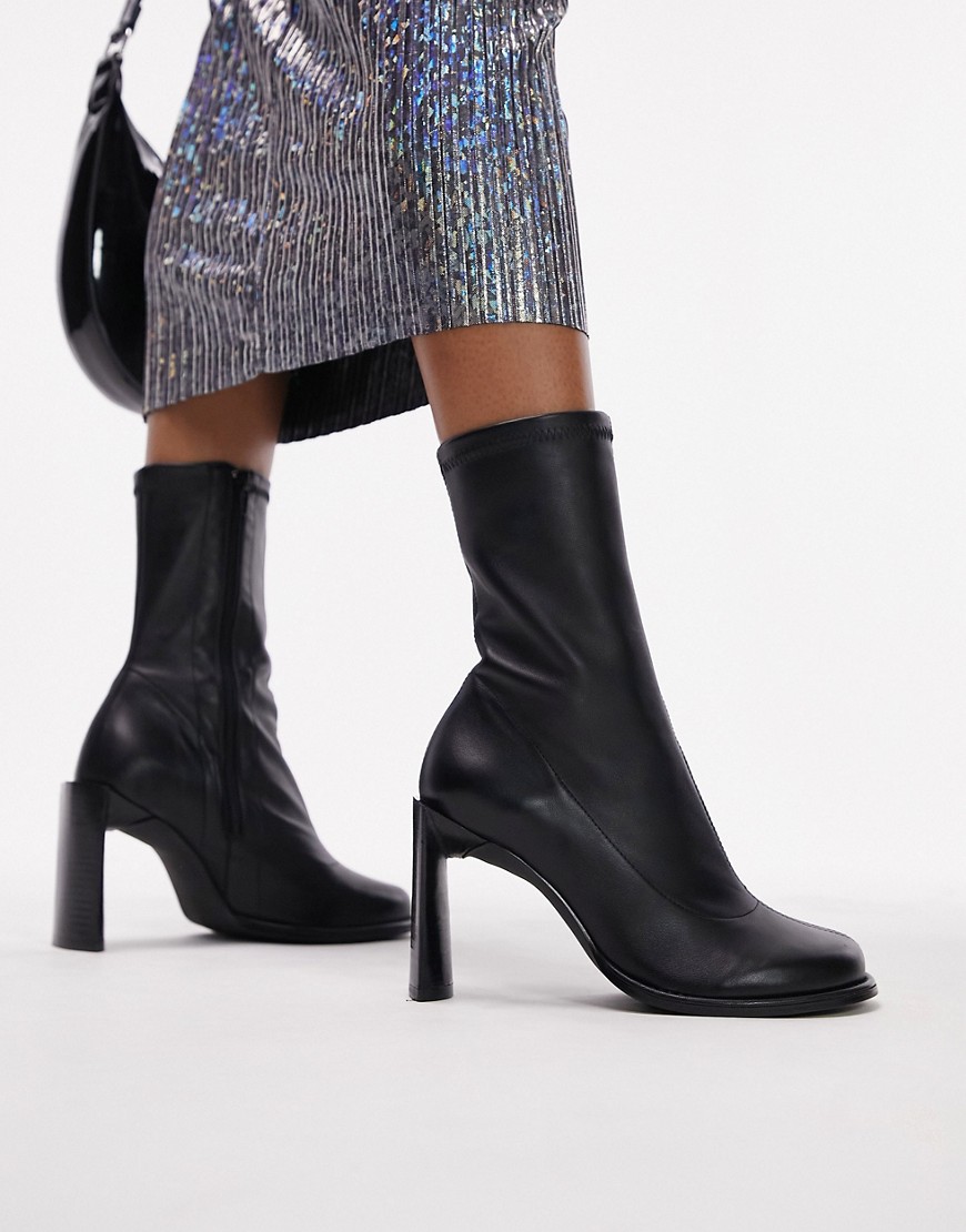Topshop Bowie Premium Leather Round Toe Heeled Boot In Black