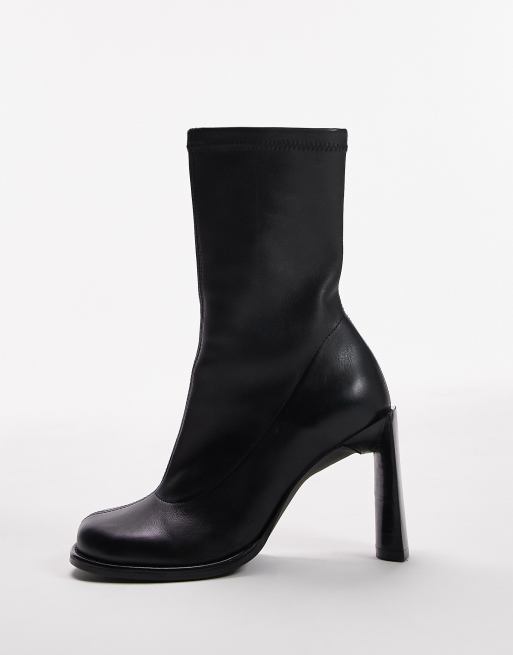 Topshop Bowie premium leather round toe heeled boot in black ASOS