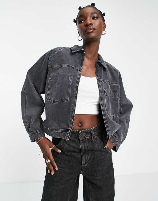 Washed black cropped denim hot sale jacket