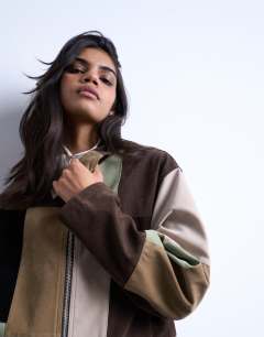 Boxy faux suede patchwork zip through jacket in multi