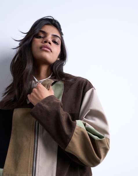 Topshop boxy faux suede patchwork zip up jacket in multi - view 1