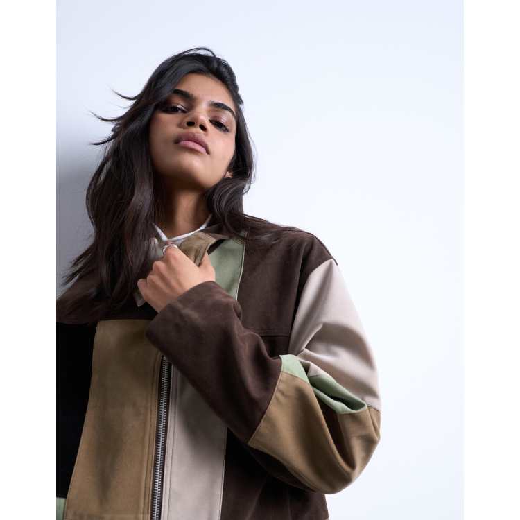 Topshop boxy faux suede patchwork zip up jacket in multi | ASOS