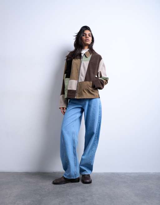 Topshop faux suede patchwork zip up jacket in multi